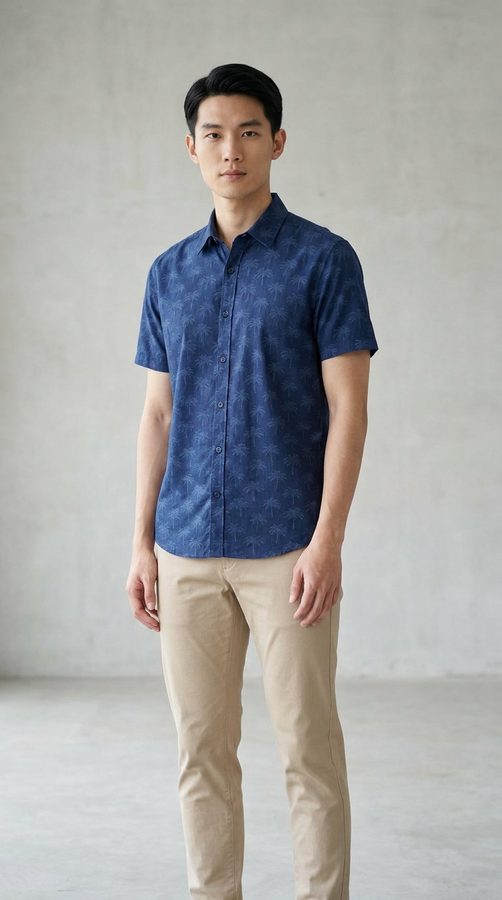 ผ้าฝ้ายไฮบริด เสื้อเชิ้ตผู้ชายแขนสั้น on model