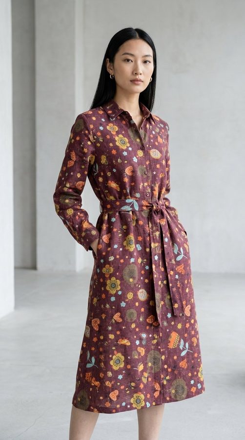 ผ้าลินินฝ้ายพิมพ์ลาย เชิ้ตเดรสยาว on model
