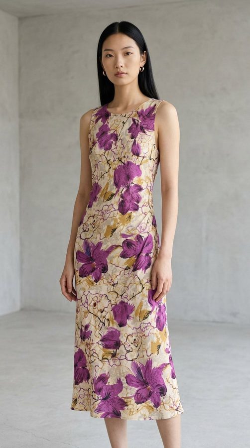 ผ้าฝ้ายพิมพ์ลาย ซันเดรสแขนกุด on model