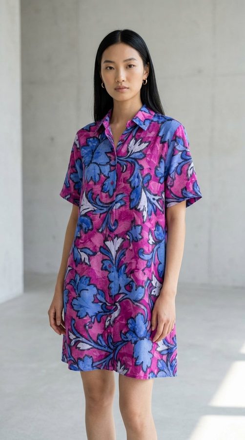 ผ้าฝ้ายพิมพ์ลาย เชิ้ตเดรสแขนสั้น on model