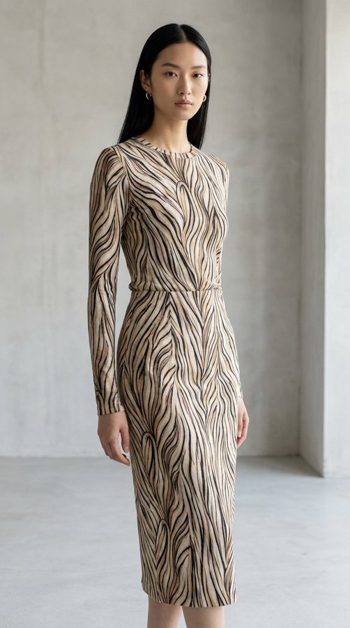 ผ้าฝ้ายสลับพิมพ์ลาย ชุดเซ็ตเสื้อแขนยาวกระโปรงทรงสอบ on model