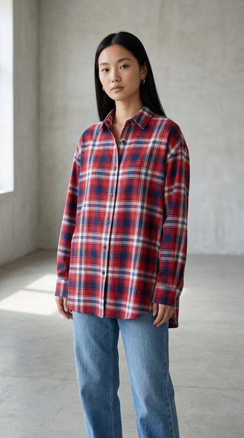 ผ้าลินินผสมอินโดนีเซีย เสื้อเชิ้ตโอเวอร์ไซซ์ on model