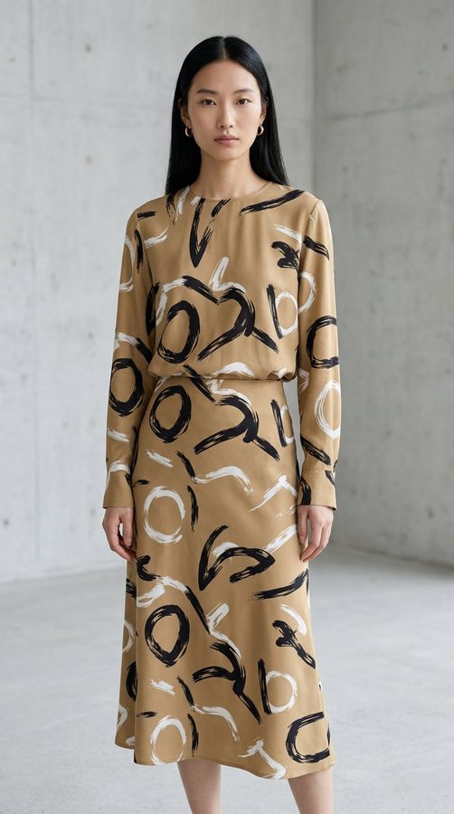 ผ้าโอซาก้าพิมพ์ลาย ชุดเซ็ตเสื้อแขนยาวกระโปรงยาว on model