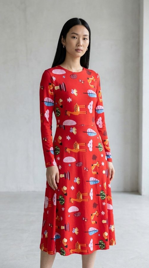 ผ้าซุปเปอร์สปันพิมพ์ลาย เดรสยาวแขนยาว on model